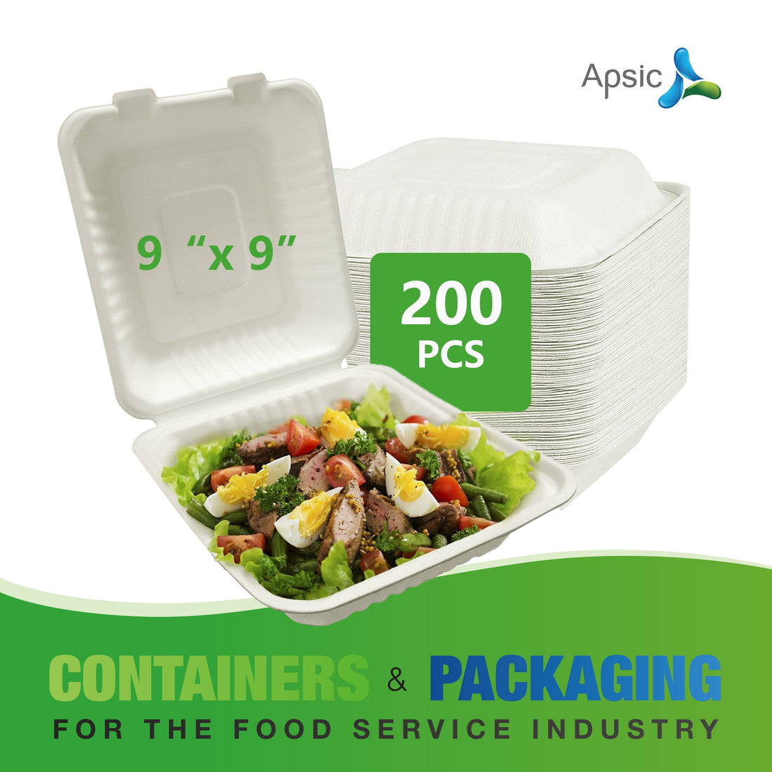 Compostable bagasse hinged takeout container from APSIC Packaging