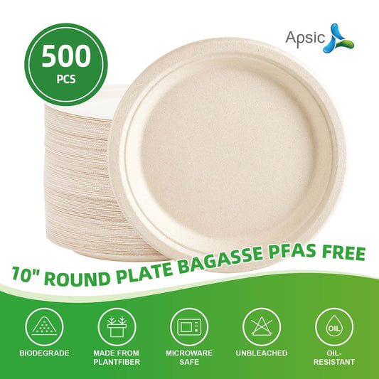 Bulk case of compostable bagasse dinner plates from APSIC Packaging