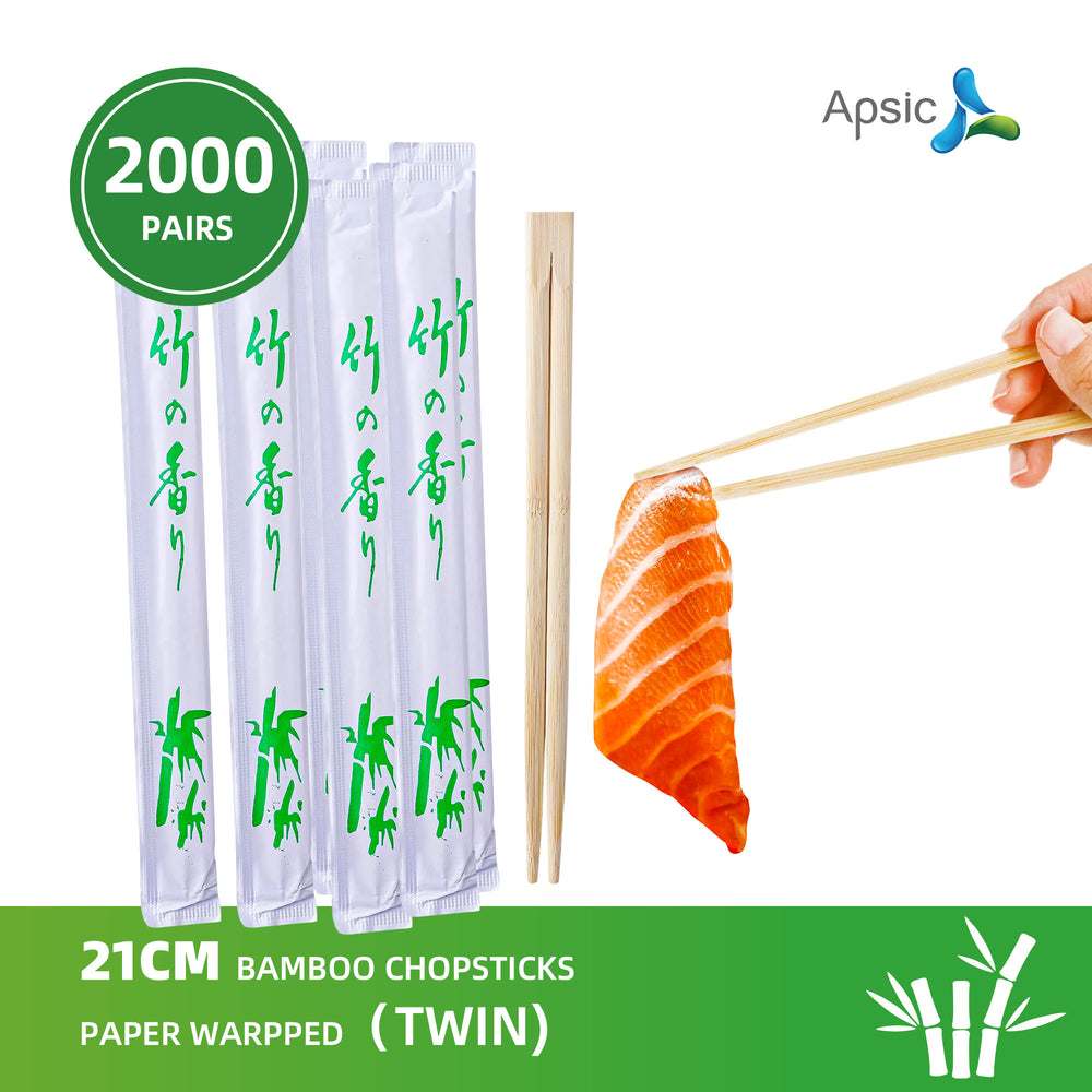 APSIC 21CM Bamboo Chopsticks Paper Wrapped (Twin) -Takeout Ready, Japanese and Chinese Wooden Chopsticks- 2000 Pairs