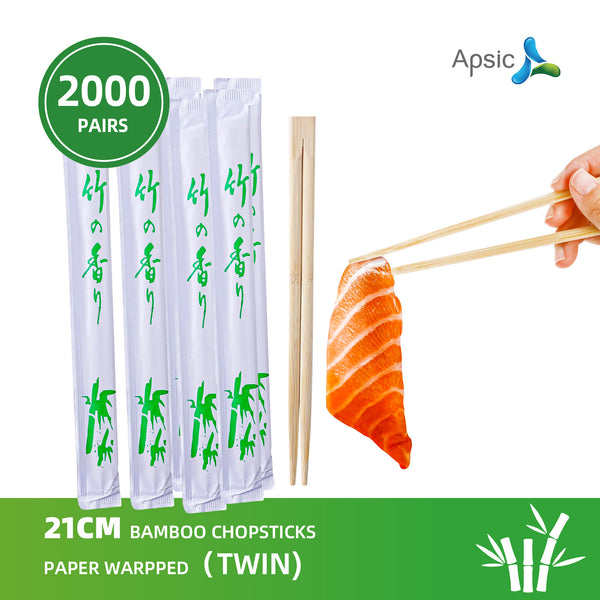 APSIC 21CM Bamboo Chopsticks Paper Wrapped (Twin) -Takeout Ready, Japanese and Chinese Wooden Chopsticks- 2000 Pairs