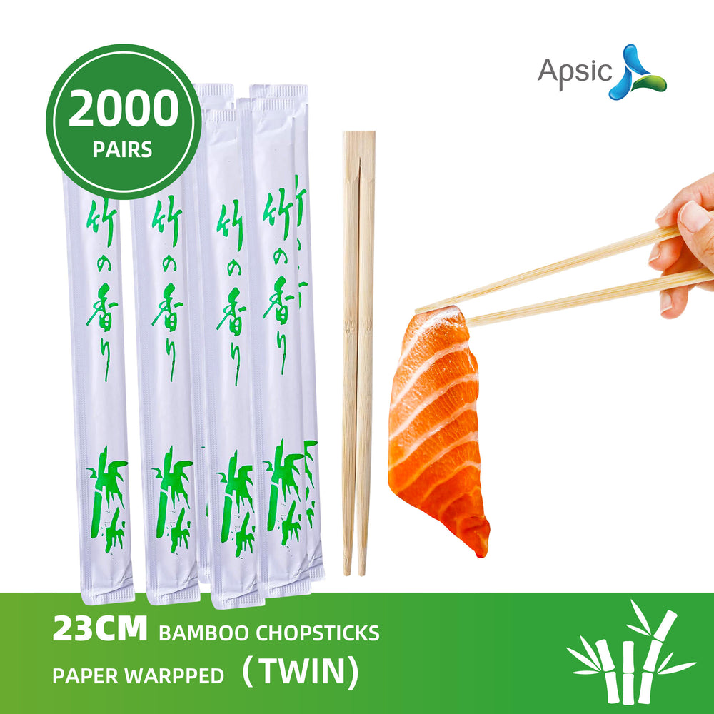 APSIC 23CM Bamboo Chopsticks Paper Wrapped (Twin) -Takeout Ready, Japanese and Chinese Wooden Chopsticks- 2000 Pairs