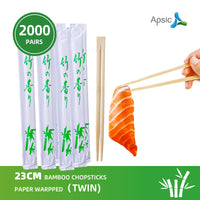 APSIC 23CM Bamboo Chopsticks Paper Wrapped (Twin) -Takeout Ready, Japanese and Chinese Wooden Chopsticks- 2000 Pairs