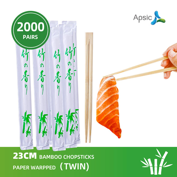 APSIC 23CM Bamboo Chopsticks Paper Wrapped (Twin) -Takeout Ready, Japanese and Chinese Wooden Chopsticks- 2000 Pairs