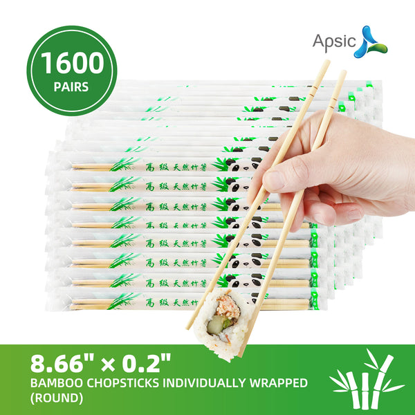 APSIC 22CM x 0.55CM Round Bamboo Chopsticks - Individually Wrapped - Food Service & Takeout Ready - 1600 Pairs