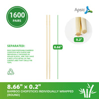 APSIC 22CM x 0.55CM Round Bamboo Chopsticks - Individually Wrapped - Food Service & Takeout Ready - 1600 Pairs