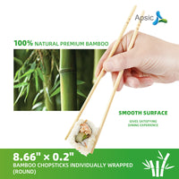 APSIC 22CM x 0.55CM Round Bamboo Chopsticks - Individually Wrapped - Food Service & Takeout Ready - 1600 Pairs
