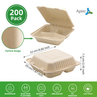 APSIC 8x8 3-Compartment Natural Bagasse Hinged Clamshells, 200 Count - BHC-083CN