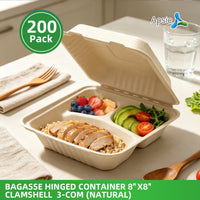 APSIC 8x8 3-Compartment Natural Bagasse Hinged Clamshells, 200 Count - BHC-083CN