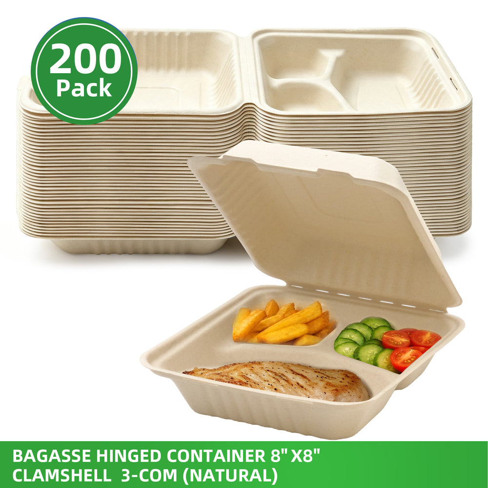 APSIC 8x8 3-Compartment Natural Bagasse Hinged Clamshells, 200 Count - BHC-083CN