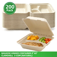 APSIC 8x8 3-Compartment Natural Bagasse Hinged Clamshells, 200 Count - BHC-083CN
