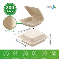APSIC 8x8 Natural Bagasse Hinged Clamshell Containers, 200 Count - BHC-08N
