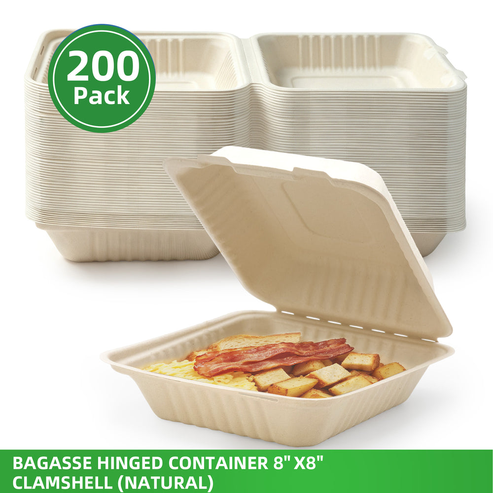 APSIC 8x8 Natural Bagasse Hinged Clamshell Containers, 200 Count - BHC-08N