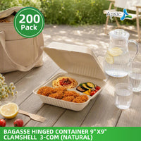 APSIC 9x9 3-Compartment Natural Bagasse Hinged Clamshells, 200 Count - BHC-093CN