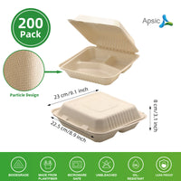 APSIC 9x9 3-Compartment Natural Bagasse Hinged Clamshells, 200 Count - BHC-093CN