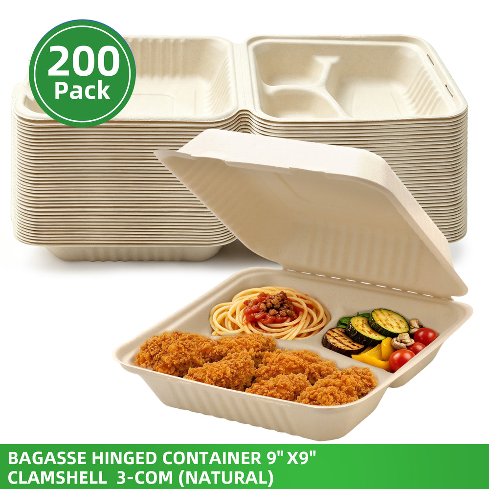 APSIC 9x9 3-Compartment Natural Bagasse Hinged Clamshells, 200 Count - BHC-093CN