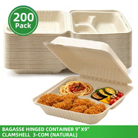 APSIC 9x9 3-Compartment Natural Bagasse Hinged Clamshells, 200 Count - BHC-093CN