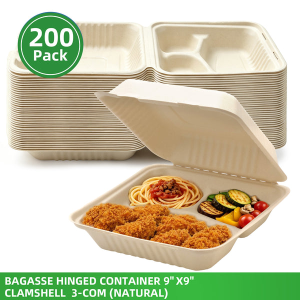 APSIC 9x9 3-Compartment Natural Bagasse Hinged Clamshells, 200 Count - BHC-093CN