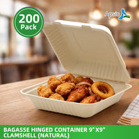 APSIC 9x9 Natural Bagasse Hinged Clamshell Containers, 200 Count - BHC-09N