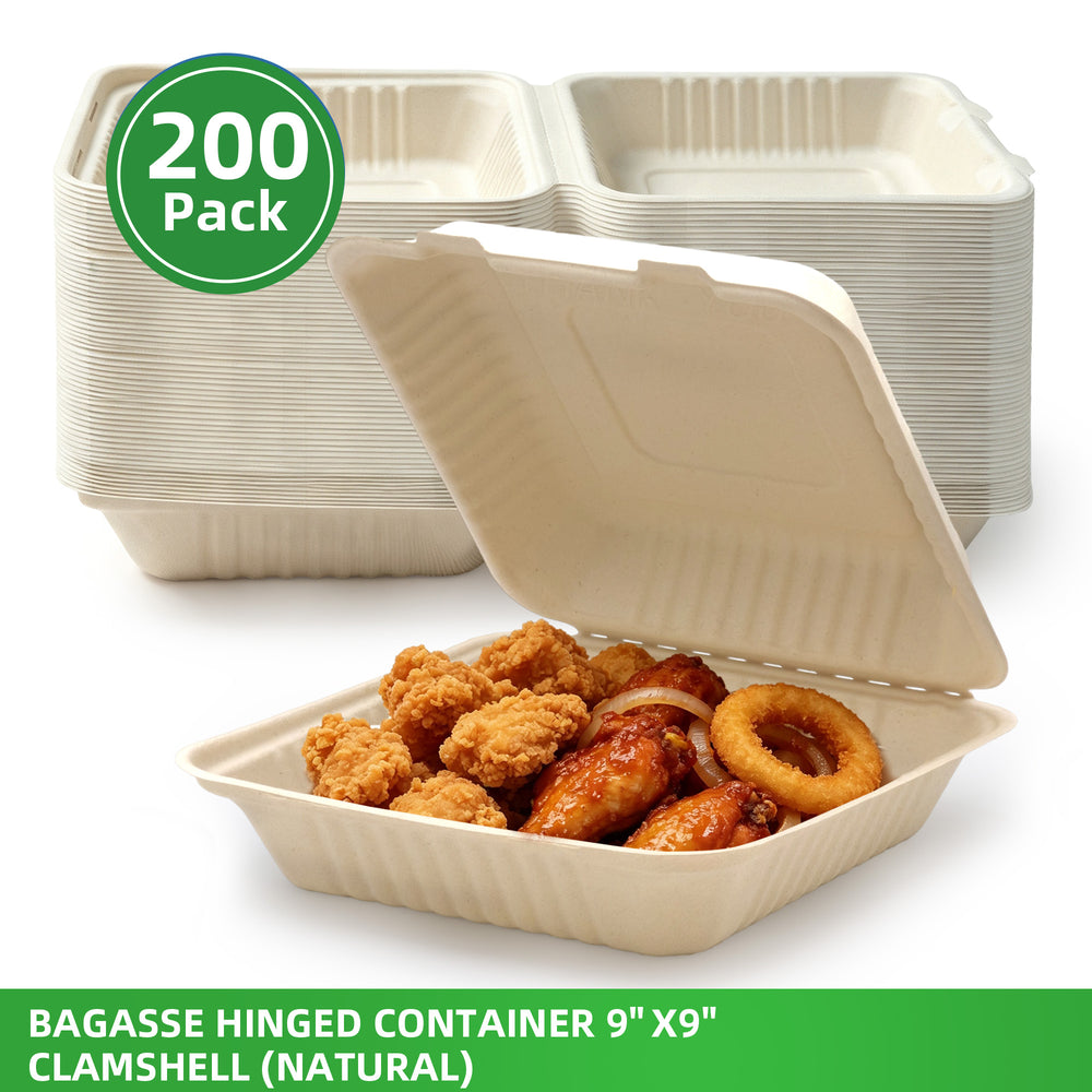 APSIC 9x9 Natural Bagasse Hinged Clamshell Containers, 200 Count - BHC-09N