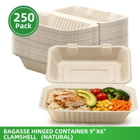 APSIC 9x6 Natural Bagasse Hinged Clamshell Containers, 250 Count - BHC-96N