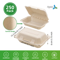 APSIC 9x6 Natural Bagasse Hinged Clamshell Containers, 250 Count - BHC-96N