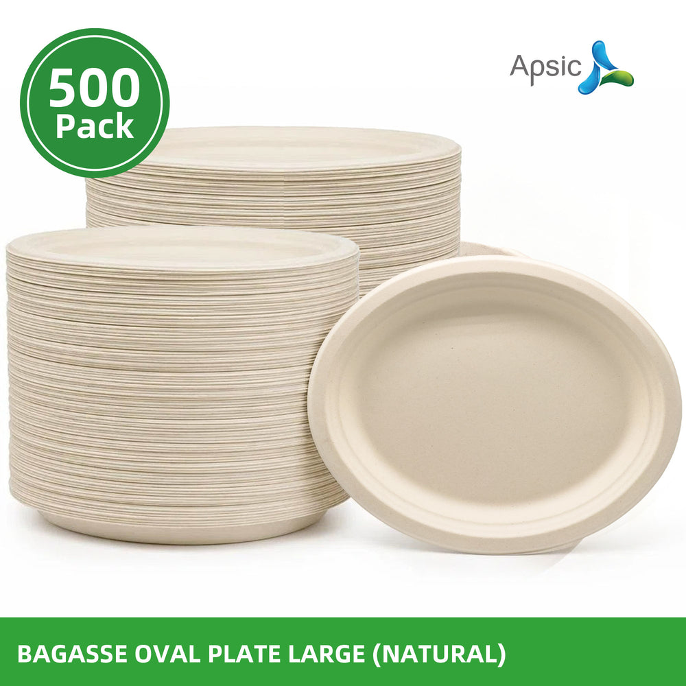 APSIC Large Natural Bagasse Oval Plates, 500 Count - BOP-316255