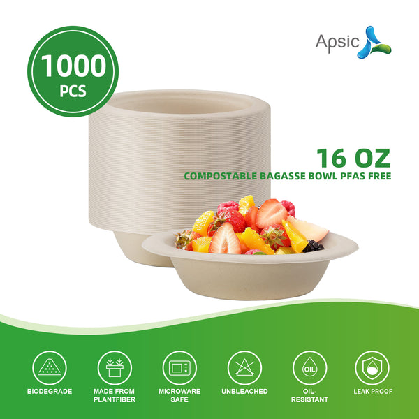 APSIC 16 oz Compostable Bagasse Bowl PFAS Free - Eco-Friendly & Sturdy - 1000 PCS/CTN