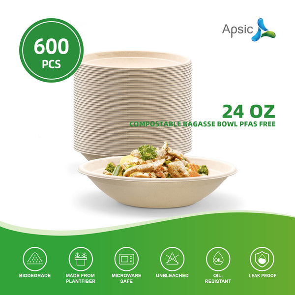 APSIC 24 oz Compostable Bagasse Bowl PFAS Free - Multi-Purpose & Food-Grade - 600 PCS/CTN