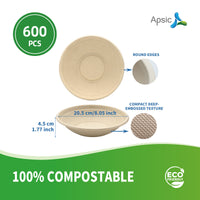 APSIC 24 oz Compostable Bagasse Bowl PFAS Free - Multi-Purpose & Food-Grade - 600 PCS/CTN