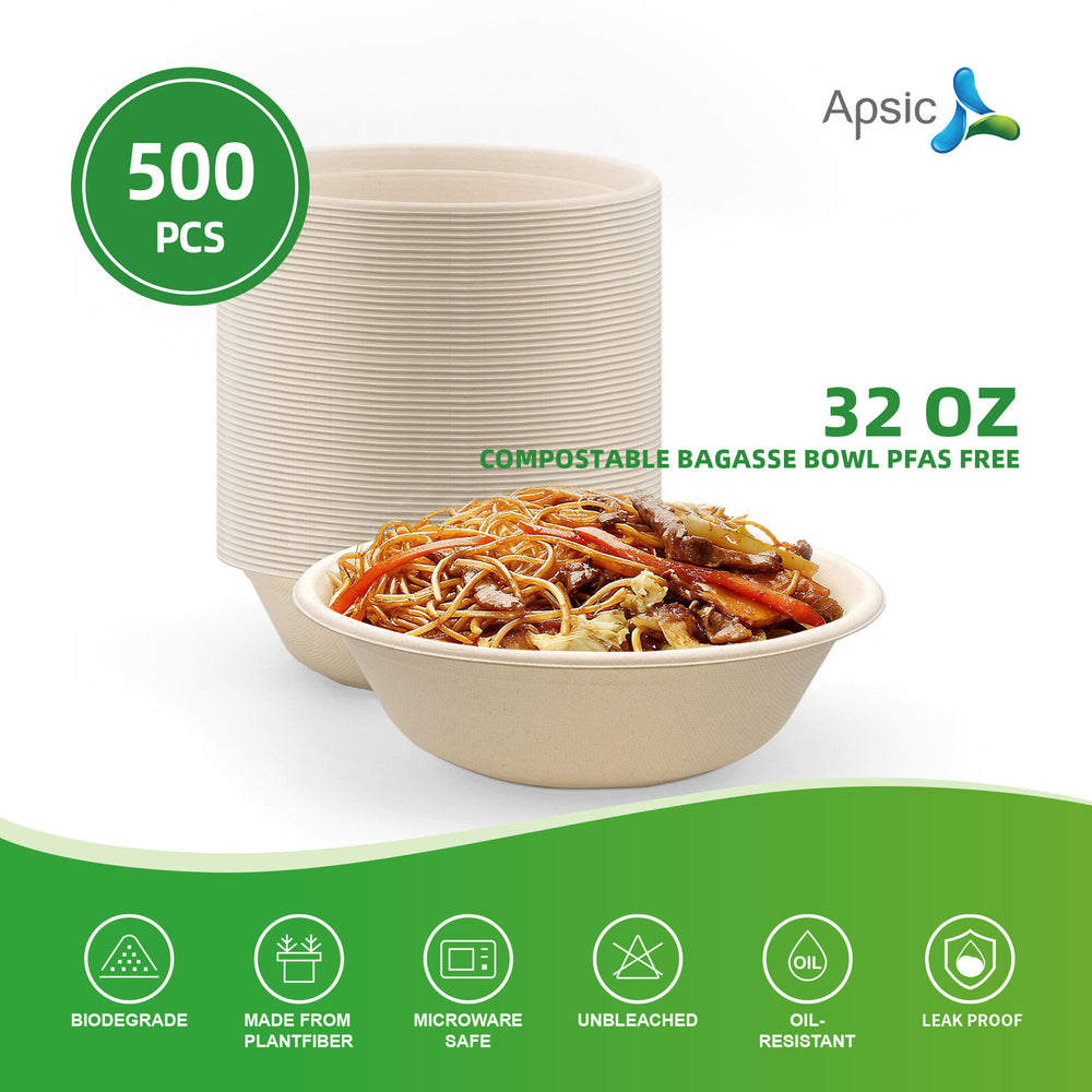 APSIC 32 oz Compostable Bagasse Bowl PFAS Free - Large Capacity & Catering Ready - 500 PCS/CTN