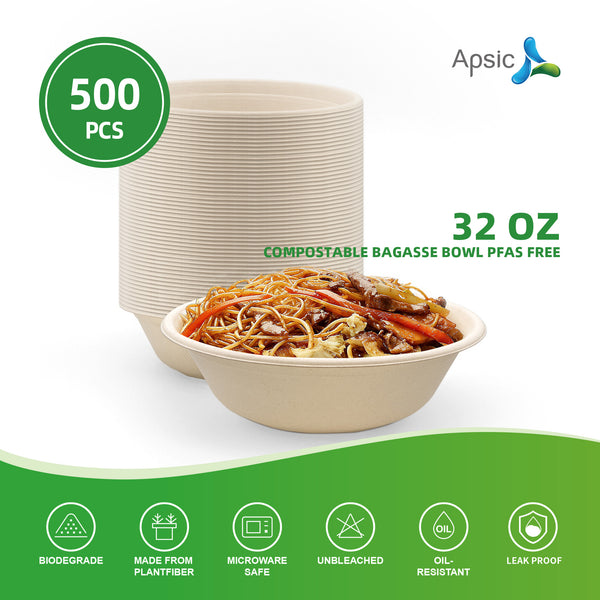 APSIC 32 oz Compostable Bagasse Bowl PFAS Free - Large Capacity & Catering Ready - 500 PCS/CTN
