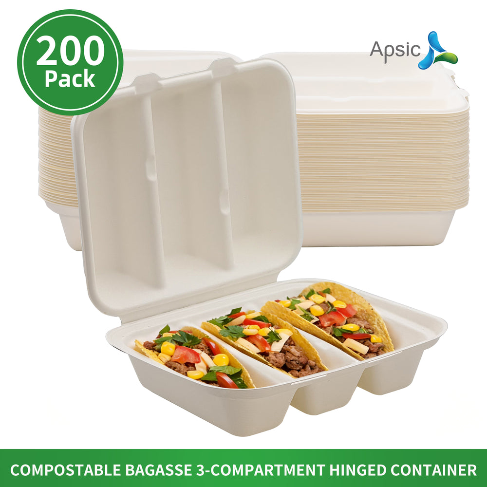 APSIC Bagasse 3-Compartment Hinged Container, 200/Case