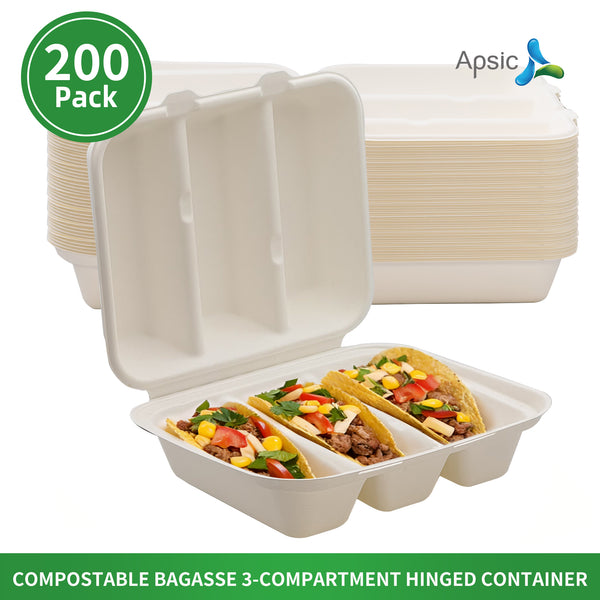 APSIC Bagasse 3-Compartment Hinged Container, 200/Case