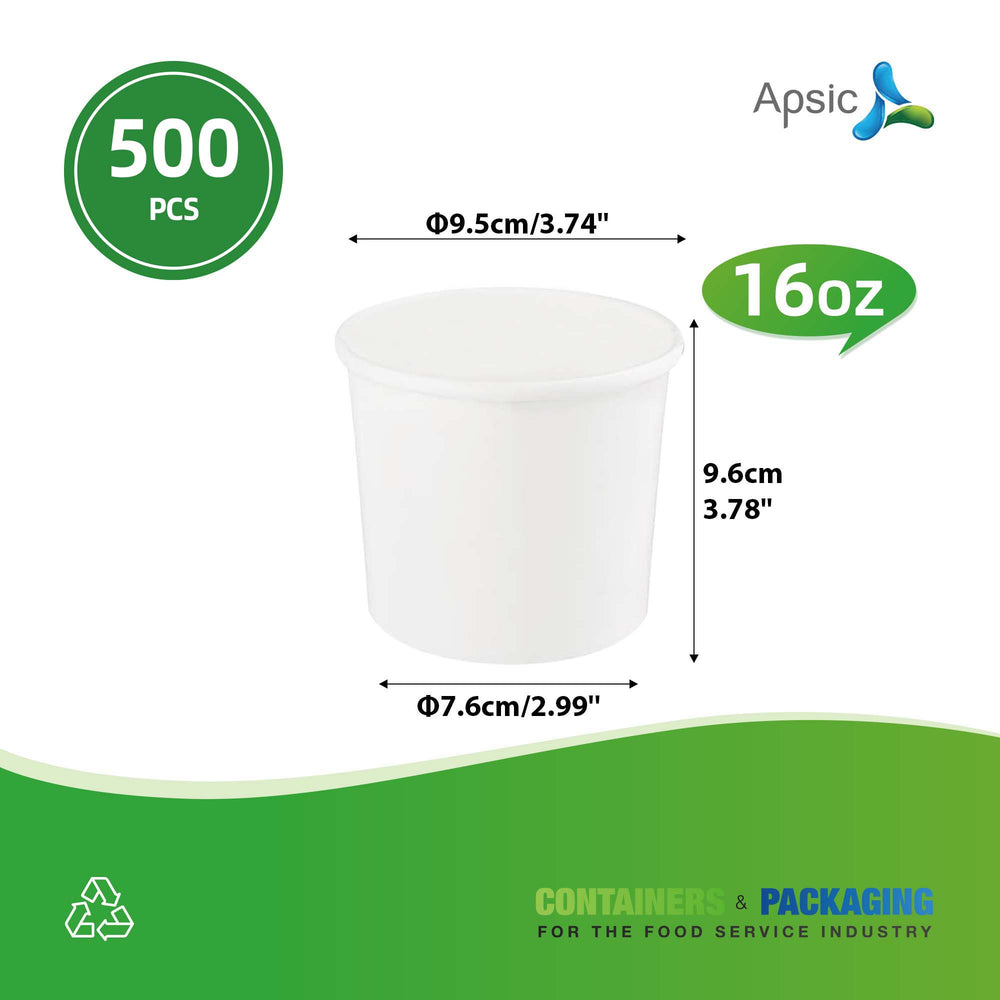 APSIC 16 oz White Paper Food Cup (no Lid) - Ideal for Snacks & Soups - 500 Count