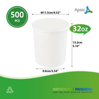 APSIC 32 oz White Paper Food Cup (no Lid) - Premium & Multi-Purpose - 500 Count