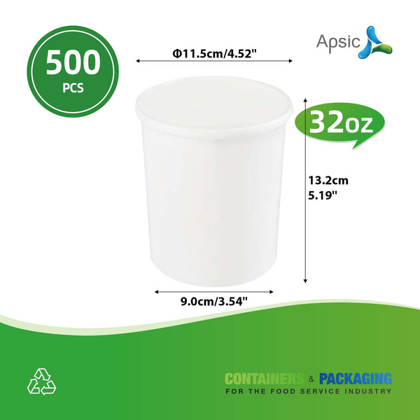 APSIC 32 oz White Paper Food Cup (no Lid) - Premium & Multi-Purpose - 500 Count