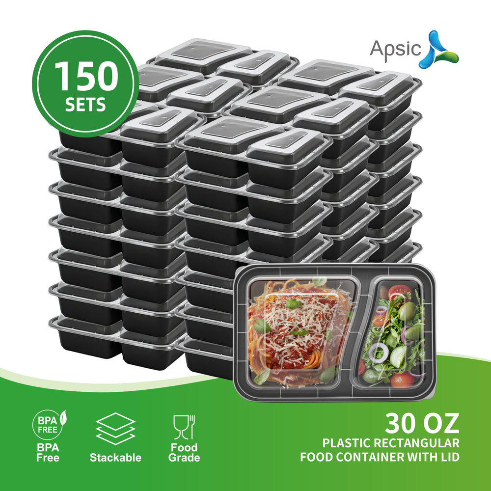 APSIC 30 Oz Plastic Rectangular Food Container With Lid 2-Compartment