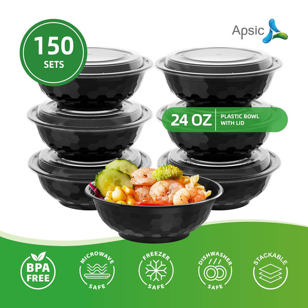 APSIC 24 oz Clear Plastic Bowl with Lid - Leak Proof & Meal Prep - 150 Count