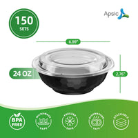 APSIC 24 oz Clear Plastic Bowl with Lid - Leak Proof & Meal Prep - 150 Count
