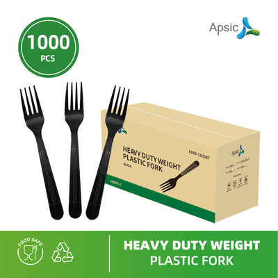 APSIC Black Heavy Duty Disposable Plastic Fork - Food Service & Takeout Ready - 1000 Count