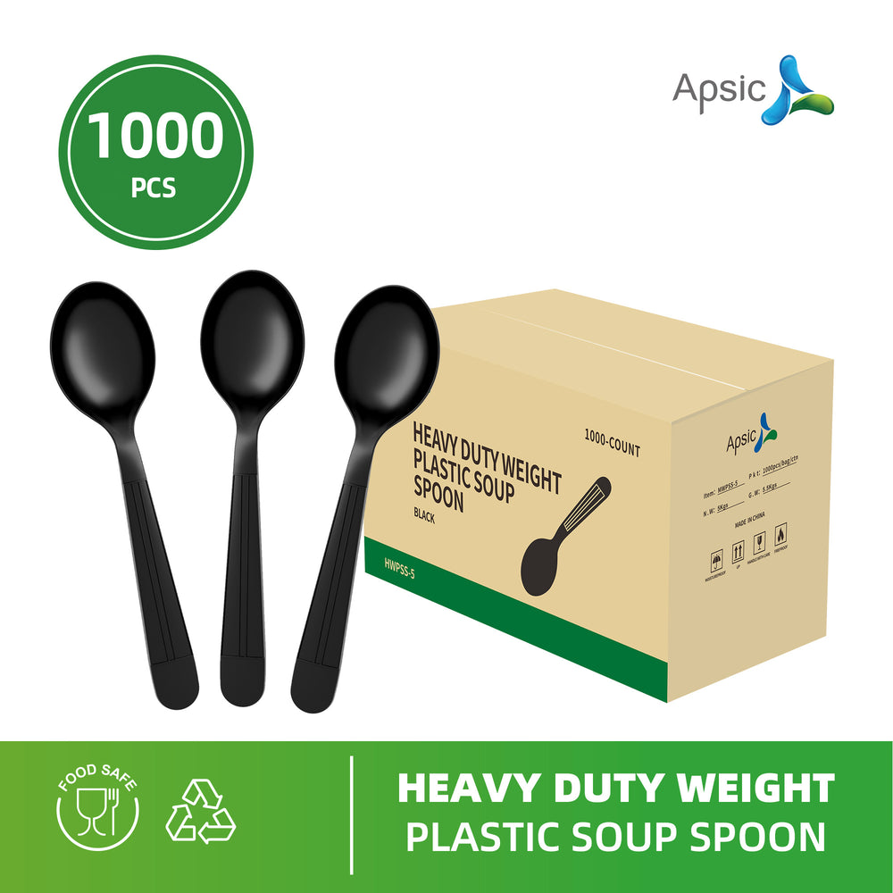 APSIC Black Heavy Duty Disposable Plastic Soup Spoon - Food Service & Takeout Ready - 1000 Count