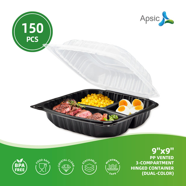 APSIC PP 9''x9'' Vented 3-Compartment Hinged Container(Dual-Color)