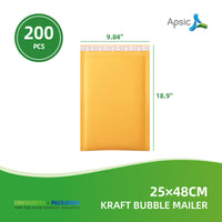 APSIC Kraft Bubble Mailer 25×48 cm - Self-Seal Padded Shipping Envelopes - 200 Pack