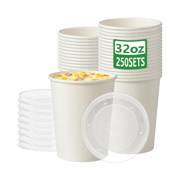 APSIC 32 oz White Paper Soup Cup with PP Lid - Large Serving & Food Safe - 250 SETS/CTN