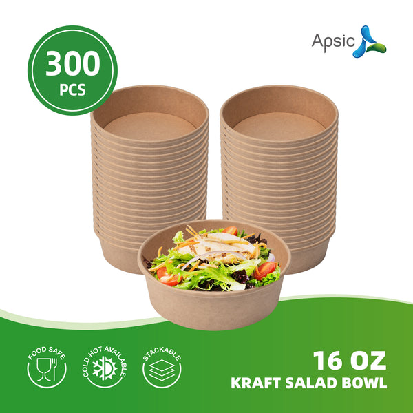 APSIC 16 oz Kraft Salad Bowl - Oil-Resistant & Takeout-Friendly - 300 PCS/CTN