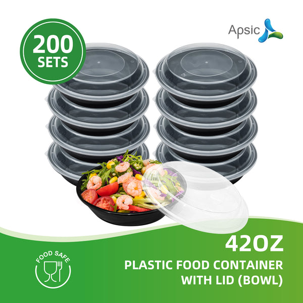 APSIC 42 oz Clear Plastic Round Container with Lid - Leak Proof & Meal Prep - 200 Count