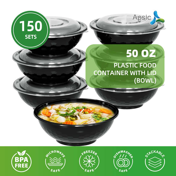 APSIC 50 oz Clear Plastic Bowl with Lid - Heavy Duty & Catering Use - 150 Count