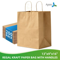APSIC Kraft Paper Bags w/ Handles 13x9x16, 200 Pack (PB-08)