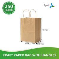 APSIC Kraft Paper Bags w/ Handles 8x4.75x10, 250 Pack (PB-01)