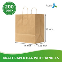 APSIC Kraft Paper Bags w/ Handles 14x9.65x16, 200 Pack (PB-10)